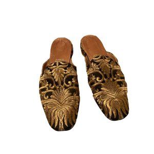 Tacco Footcare Embroidered Black and Gold Slide On Mules 7M